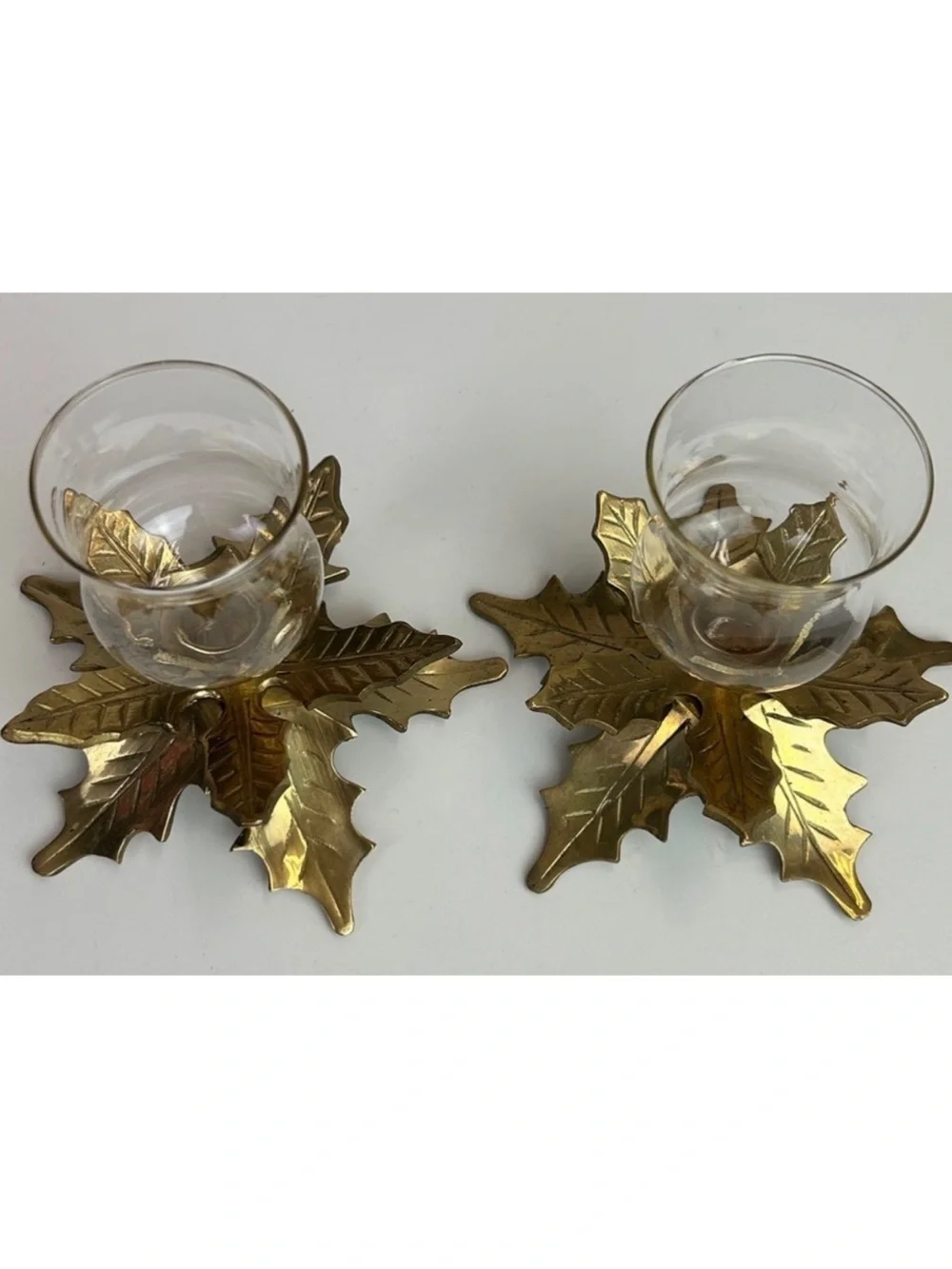 Two Solid Brass Holly Leaves Candle Holders With Glass Globes Vintage